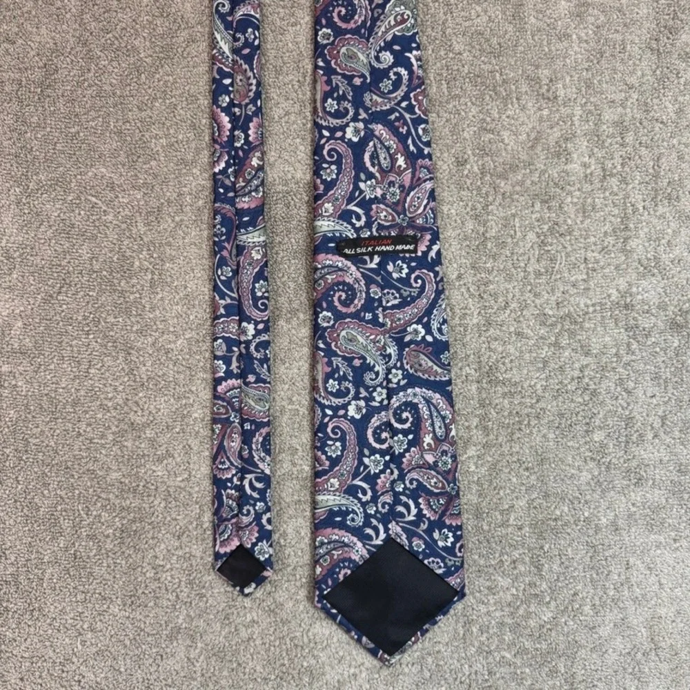Italian All Silk Hand Made Paisley Tie Navy Blue Pink Sage Green Floral Mens